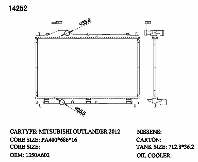 KWM KRA60252 Radiator – 16mm Core, Auto/Manual | Mitsubishi Outlander 2.0L/2.4L Petrol 2012+