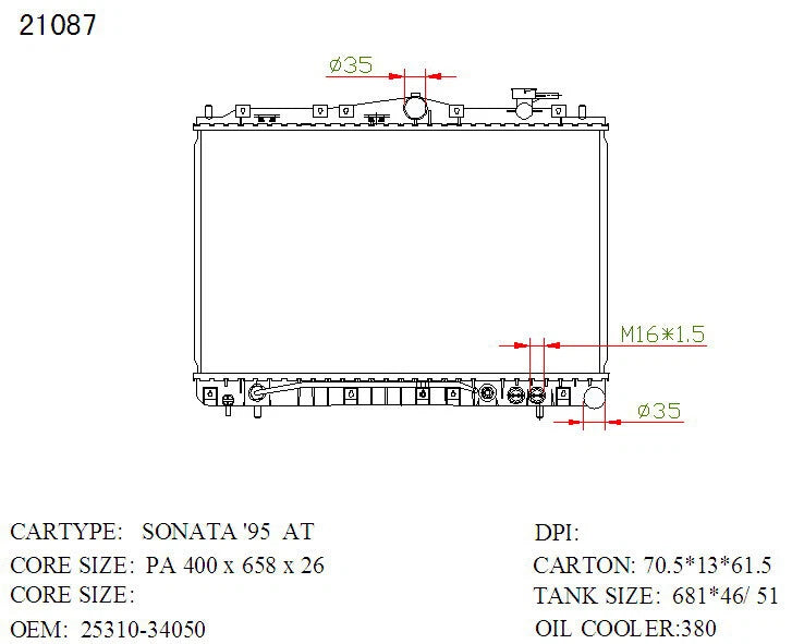 KWM KRA80087 Radiator | Auto P/A 16mm | Hyundai Sonata 1994–1996