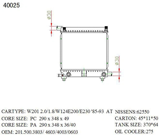 KWM KRA62025 Radiator Auto 36mm – Mercedes-Benz 190E (W201) 1984–1990