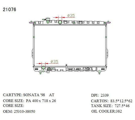 KWM KRA80076 Radiator – 26mm Core, Auto | Hyundai Sonata 2.7L 6-Cyl 1998–2004