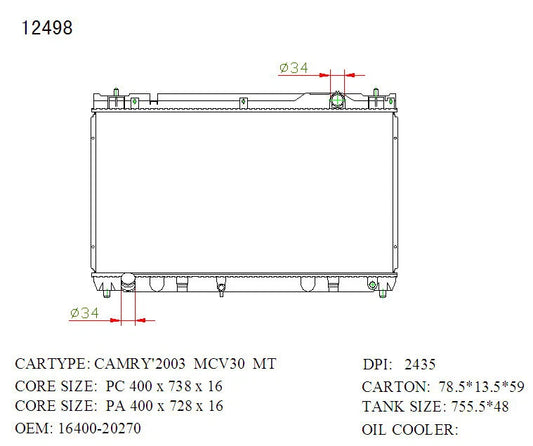 KWM KRA35498 Radiator Manual 32mm 6 Cyl – Lexus ES300 2001–2004