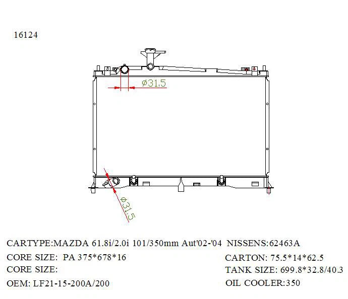 KWM KRA30124 Radiator – Auto | Mazda 6 Hatch/Wagon 2002–2007