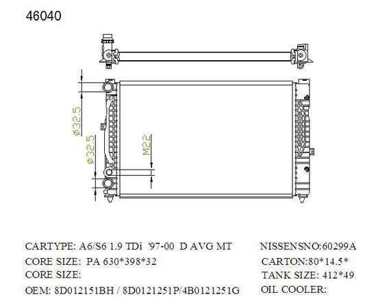 KWM KRA71040 Radiator Manual 32mm – 1.8L 6 Cyl