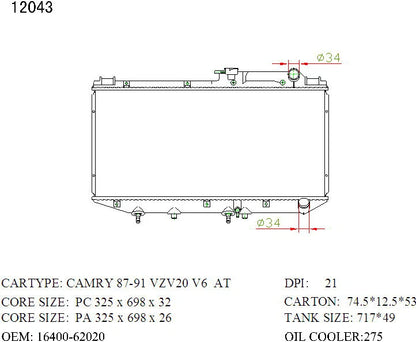 Toyota Camry Radiator 1987–2006 Auto V6 2.2L 16mm | KWM KRA20043