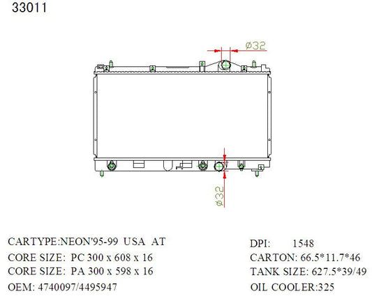 Chrysler Neon Radiator – KWM KRA41011 Auto 16mm 4Cyl (1996–1999)