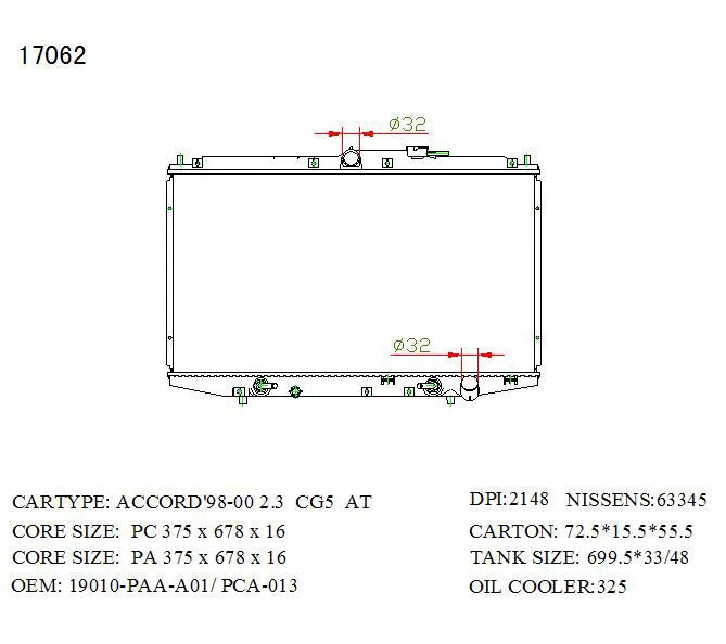 KWM KRA50062 Radiator Auto P/A 16mm 2.3L – Honda Accord 1999–2003