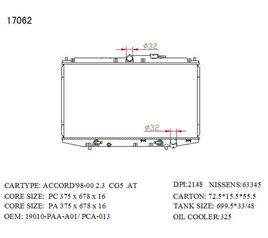 KWM KRA50062 Radiator Auto P/A 16mm 2.3L – Honda Accord 1999–2003
