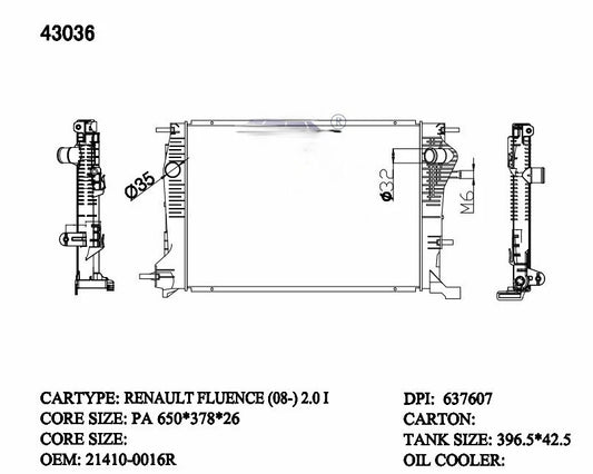 Renault Megane Radiator 2008–2016 Auto 1.9L & 2.0L 26mm | KWM KRA13036