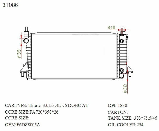 KWM KRA84086 Radiator Auto 26mm V6 – Ford Taurus 1996–1998