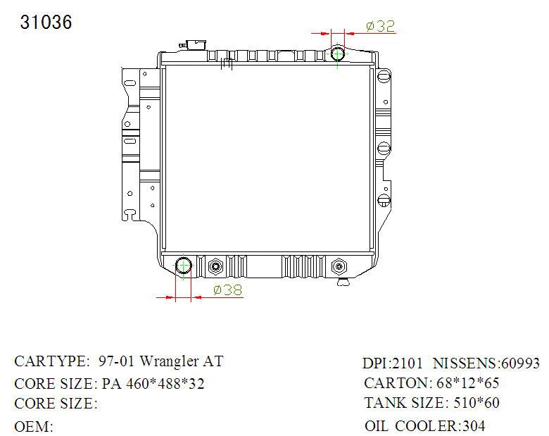 KWM KRA25036 Radiator – 36mm Core, Auto | Jeep Wrangler 3.9/4.0L 6-Cyl 1997–2007