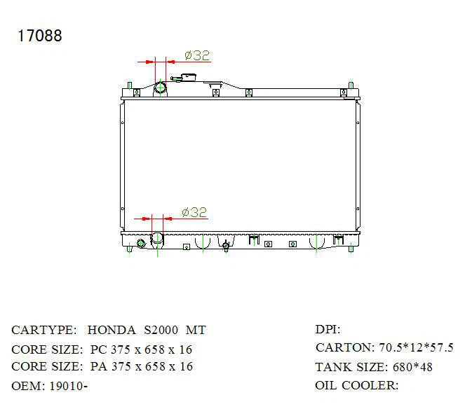 KWM KRA50088 Radiator – 16mm Core, Manual | Honda S2000 4-Cyl 1999–2007