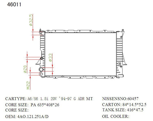 KWM KRA71011 Radiator – 26mm Core, Manual | Audi A6 2.4L/2.8L 1995–1997