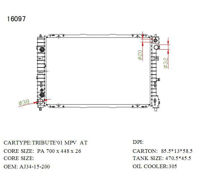 KWM KRA30097 Radiator Auto P/A 26mm 3.0L – Ford Escape 2001–2008