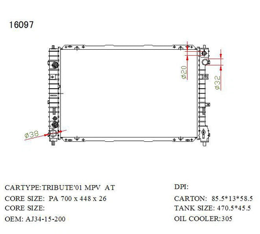KWM KRA30097 Radiator Auto P/A 26mm 3.0L – Ford Escape 2001–2008