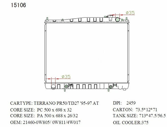 KWM KRA10106 Radiator | Auto 26mm 2.7L Diesel | Fits Nissan Terrano 1997–2002