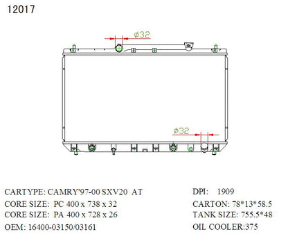 Toyota Camry Radiator 1997–2002 Auto 2.2L 4 Cylinder 26mm | KWM KRA20017
